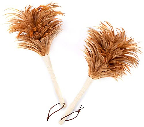 Plumero de plumas de gallo de 15 pulgadas, clásico, esponjoso, natural, con mango de madera, reutilizable, lavable para limpiar el hogar, el coche, la oficina. Paquete de 2