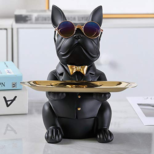 OKESYO Bulldogge Tablett Deko Französische Dekofigur Tierskulptur Aufbewahrungsbank Hunde Skulptur Aufbewahrungsbox Harz Desktop Ornament (Schwarz), 23.5 x 20 x 17 cm