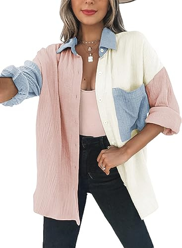 Dokotoo Bluse Damen Musselin Langarmshirt Baumwolle Lässig Oberteile Hemd Langarm Farbblock Shirts Knopfleiste Tops Hemdjacke Rosa L