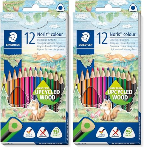 Staedtler Buntstifte Noris colour, ergonomisches Dreikantformat, rutschfeste Soft-Oberfläche, hohe Bruchfestigkeit, Made form Upcycled Wood, 12 Farbstifte im Kartonetui, 187 C12 (Packung mit 2)