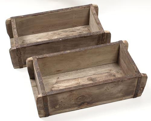 Generisch 2er Set alte Ziegelform mit Metall Beschlägen 33,5 x 16 cm Vintage Holzkiste Dekokiste Box Backsteinform Holz Shabby used look