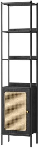 VASAGLE Bücherregal 6 Ebenen, Regal hoch, Standregal, Tür in Rattan-Optik, Boho-Stil, Metallrahmen, Verstellbarer Einlegeboden, für Wohnzimmer, ebenholzschwarz-Mattschwarz LLS122B56