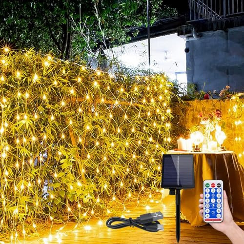 ACXIN 3x2m Solar LED Lichternetz 250LEDs Mesh Außen Innen Solar Garten Lichterkettenvorhang 8 Leuchtmodi Net Mesh Deko IP44 Wasserfest mit Fernbedienung Timer
