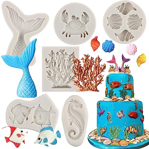 MYPRACS Marine Thema Fondant Silikonform Muschel Conch Meerjungfrau Schwanz Seepferdchen Krabbe Koralle Fisch Backen Silikonformen für Kuchen Dekoration Cupcake Süßigkeiten Schokolade Gummipaste