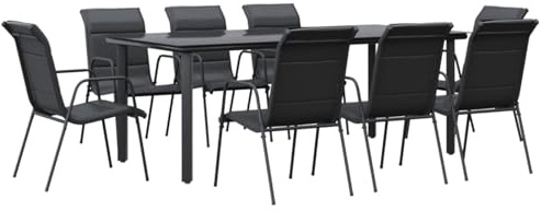 Gecheer 9-TLG. Garten-Essgruppe, Schwarz, pulverbeschichteter Stahlrahmen mit gehärteter Glastischplatte und bequemen Textilene-Stühlen mit Polsterung, Essgruppe für Garten Terrasse oder Balkon