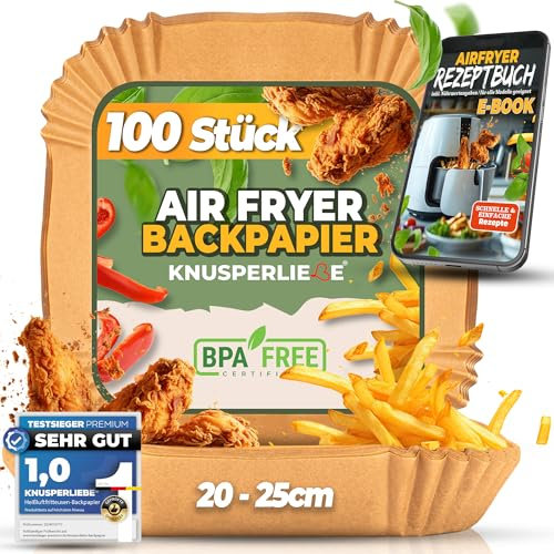 KNUSPERLIEBE® Backpapier für Heißluftfritteuse XXL 20-24cm 5-8 L, 100 Stück Airfryer Liner, Ölbeständig Antihaft Einweg und ungebleicht. Lebensmittelecht, BPA-frei, FDA- und LFGB-zertifiziert