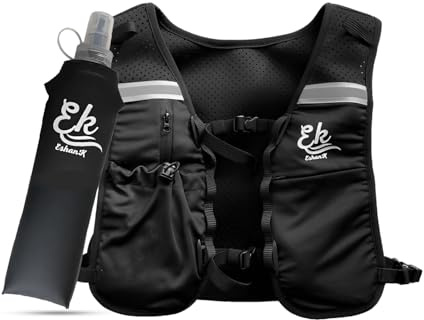 EshanK Running Vest - Adjustable Unisex Reflective Vest with Storage Pockets, Phone Holder, 500ml Soft water bottle and Storage Lightweight and Durable Running Backpack Alternative - Hydration Vest