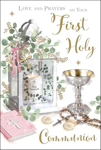 Jonny Javelin First Holy Communion Congratulations Card for Girls - Communion Congratulations Card with Artistic Chalice and Candle Design and Embossed Foil Details