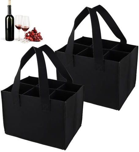 Kioiner 2 Stück Weinbeutel, Männerhandtasche, Flaschenträger Filztasche mit 6 Fächern, Flaschentasche für Vatertag, Bierfest, Party, Reise, Picknick, 24 x 18 x 16cm (Schwarz)