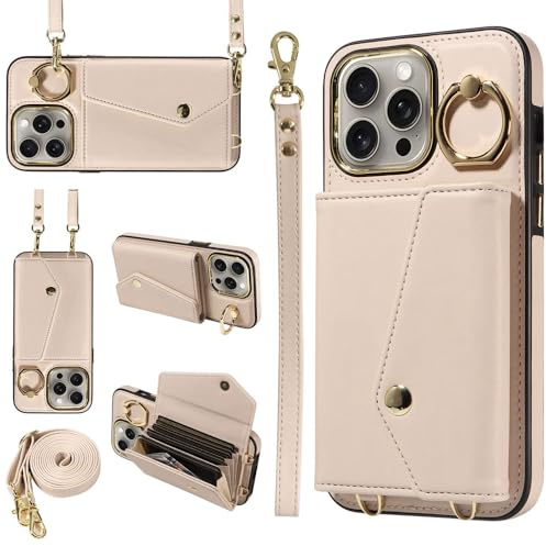 XFSRG Cordon de Coque pour iPhone 16 Sangle Housse pour Téléphone Réglable Support Annulaire à 360 Degrés avec Porte Carte Pochette Anti-Chute