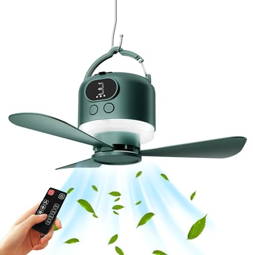 SHOOYIO Ventilador de techo portátil de carga USB con luz y controles remotos con pala extraíble y 4 velocidades para actividades en interiores y exteriores