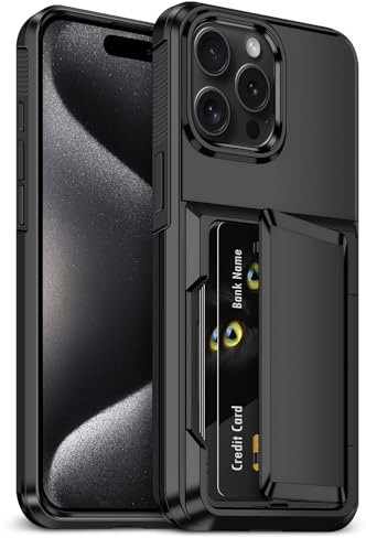 Aolcev for iPhone 15 Pro Max Case with Card Holder [Max 4 Cards] Heavy Duty Protective Shockproof Cases Dual Layer Hard PC Soft TPU Bumper Card Slot Wallet Case for iPhone 15 Pro Max Phone Case-Black