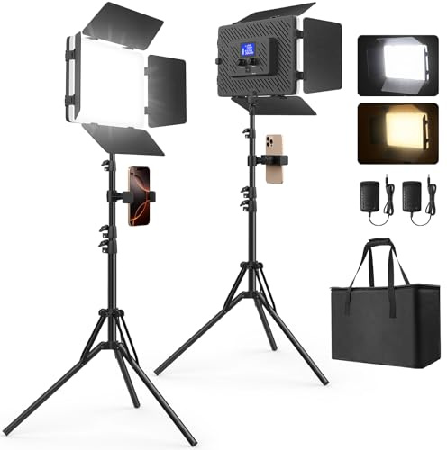 2 Pack Led Video Light Kit with Stand, Kmasic Photography Light Panel Built-in 8000mAh & LCD Display, 2200Lux 2500K-8500K Soft Studio Light for Video Recording Game Live Streaming YouTube TikTok