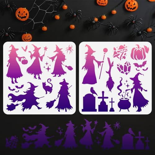 DOODLREAM 2 Stück Hexenschablone zum Malen Halloween Hexenschablone Zeichenvorlage Hexen Silhouette DIY Bastel und Malvorlage für Wand Heimdekoration Holzbrennkarte Tagebuch Leinwand 30 × 30 cm