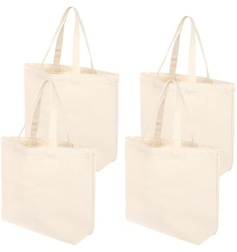 KUHAWL 4 Stück Baumwolltasche, 40 x 35 cm Einkaufstasche groß, Jutebeutel Unbedruckt Stoffbeutel Baumwolle Jutebeutel zum Bemalen Faltbar Baumwollbeutel für Sport Einkaufen Lebensmittel