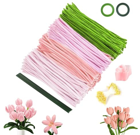 Pfeifenputzer zum Basteln, 400 Stück Pfeifenreiniger Blumen Set, 4 Farben Pfeifenreiniger Blumen mit 20 Stück Blumendraht, Geschenkband, Geschenkpapier, Blumen Staubblatt