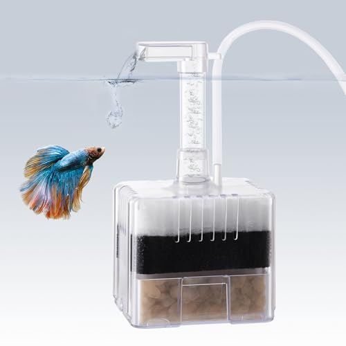 VILLNO Air-powered Aquarium Sponge Filter, Quiet Submersible Fish Tank Filter with Multi Media, Internal Sponge Filter for up to 30L Small Fish Tans, Betta, Shrimp, Breeding