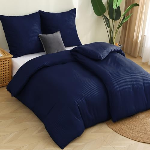 Pamposh Satin-Streifen-Bettwäsche-Set, Premium-Hotelqualität, hypoallergen, ultraweiche Mikrofaser (Navy, (2 x 135 x 200 cm) + (2 x Kissenbezug 80 x 80 cm))
