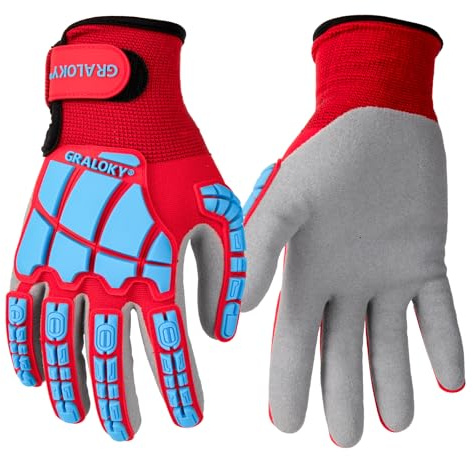Graloky Safety Work Gloves for Men Women, Impact Work Gloves, Cut Resistant Gloves with TPR, Touchscreen Nitrile Grip Gloves (Blue, Large)