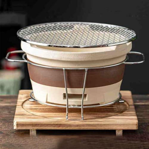 Estufa de carbón de Barro, Estufa portátil para Barbacoa, Estufa de Barro de sobremesa, Estufa de carbón para Preparar té, con Rejilla de Metal, Base de Madera, Parrilla metálica, Estufa de