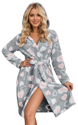 Accappatoio in morbido pile con stampa a cuore, lungo, kimono, accogliente, abbigliamento invernale da donna