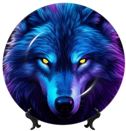 Futuristischer Blauer Wolfsmotiv-Dekoteller für Wohnzimmer, Esszimmer, Büro oder Wand – 25 cm