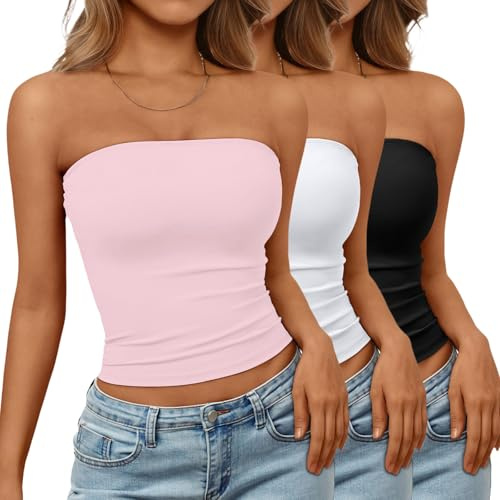 Trendy Queen Womens 3 Pack Strapless Backless Tube Tops Sleeveless Going Out Crop Bandeau Tops Cute Summer Clothes 2026 Black,White,Pink M