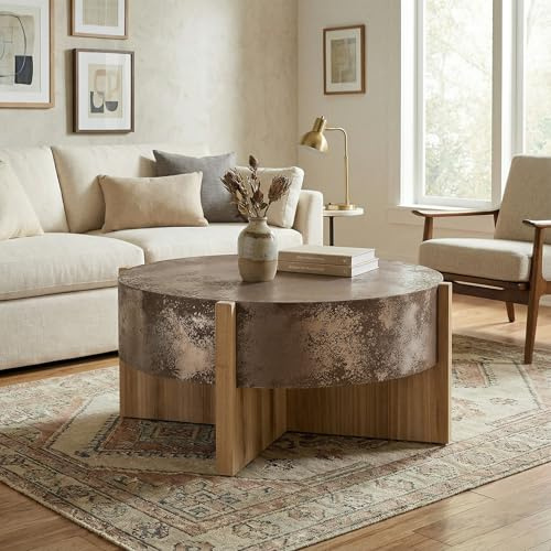 JIVOIT Rustic Coffee Table with Distressed Rust Finish, Round Coffee Table with Burnt Wood Legs, Easy Assembly, Ideal for Living Room & Lounge