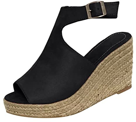 Espadrilles för kvinnor, platåsandaler, dam, med kilklack, fritid, kilsandaler, ankelrem, sandaletter, linnesula, sommarskor, peep toe, kilsandaletter, slip-on, pantoletter med spänne, svart, 39 EU