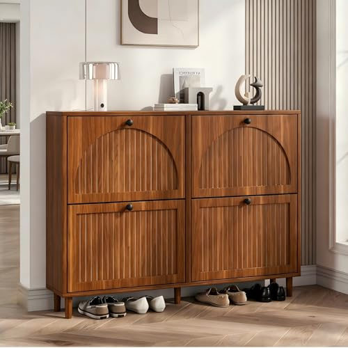 BNUZ Zapatero moderno, 120 x 24 x 90 cm, 4 puertas basculantes, 8 compartimentos, mango redondo negro, MDF, color nogal, para pasillo, salón, oficina