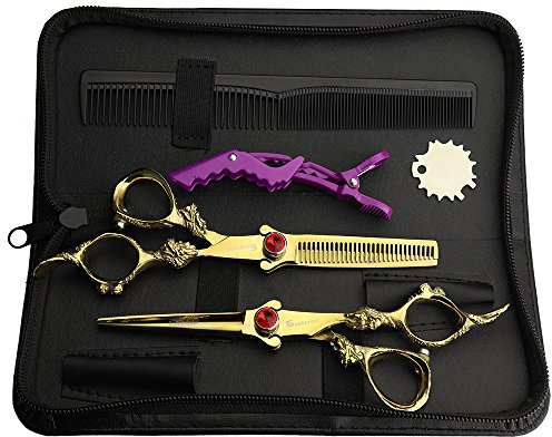 Parrucchieri dorati, forbici per capelli e forbici per capelli - Hair 5.5-6 , raffinato rasoio con elegante custodia in pelle
