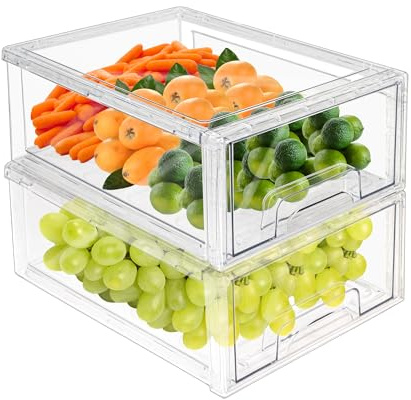 MANO 2Pack Clear Fridge Drawers Pull Out Stackable Refrigerator Drawer Organizer Bins Pantry Storage Box Plastic Food Containers for Kitchen Bathroom Office Closet (2pack Large)