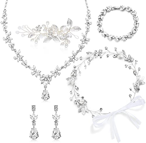 Henoyso 5 Pcs Wedding Jewelry Set for Women, Rhinestone Necklace Earrings Bracelet Headpieces Set for Bride Bridesmaid Prom(Elegant Style)