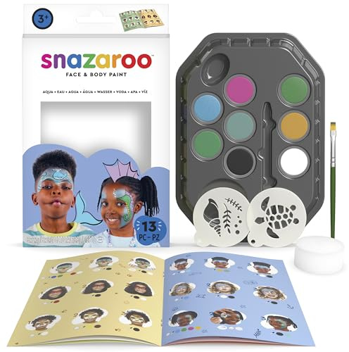 Snazaroo 1172191 sminkset vatten, hudvänlig vattenbaserad ansiktssmink – 7 sminkfärger, 1 sminkborste, 1 svamp, 2 mallar och steg-för-steg-instruktioner