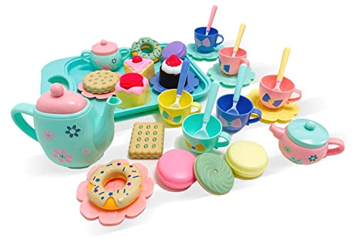 Sobebear Tea Set for Toddlers - 37PCS Plastic Tea Party Set with Mini Cakes, Food Tea Set Accessories, Washable Pretend Play Kitchen Toys for Girls & Boys Ages 3+ Years