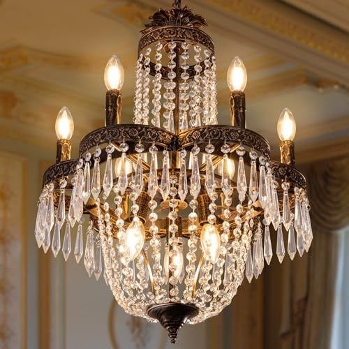 TOCHIC Crystal Chandelier,9 Lights French Empire Crystal Chandelier,Rustic Farmhouse Pendant Chandeliers Lighting,Adjustable Antique Bronze Ceiling Light Fixture for Dining Living Room Bedroom Foyer