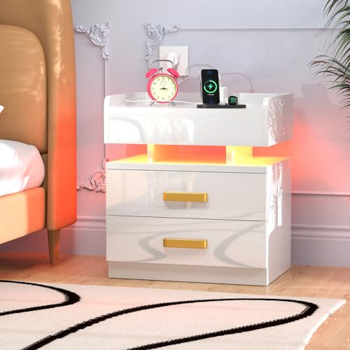 PIPIPOXER Table de Chevet avec Lumière LED, Tablee de Nuit Haute Brillance avec Station de Charge et 2 Ports USB, Table d'Appoint avec 2 Tiroir Tablle de Lit Blanc pour Chambre à Coucher, 45x35x52cm