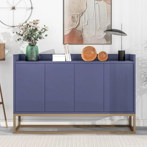 KEFSR Modernes minimalistisches Sideboard mit 4 Türen, für den Eingang, Küchenschrank mit verstellbarer Ablage, Credenza mit Stahlbeinen und Zäunen für Wohnzimmer (Blau)