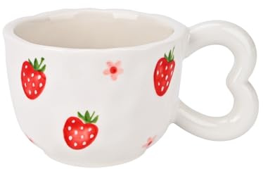 Koythin Tasse à café en céramique, joli design créatif avec poignée en forme de cœur pour le bureau et la maison, passe au lave-vaisselle et au micro-ondes, 300 ml pour latte et thé au lait (fraise)