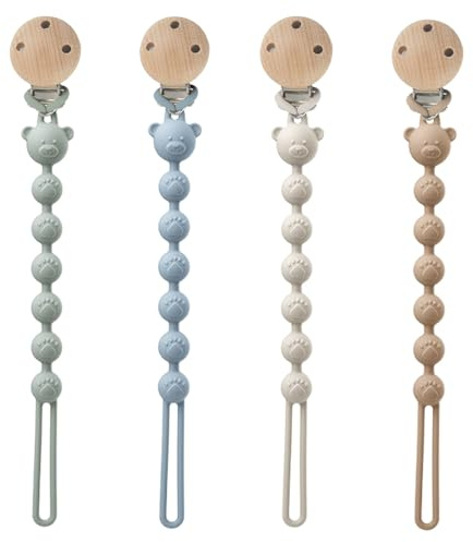 AYSYR 4 PCS Dummy Clip Portable,Dummy Clip Boys Grils,Pacifier Clips Easy to Clean,Soother Clips and Teether 2-in-1 Design,Dummy Holder BPA Free(Brown+Milky White+Blue+Green)