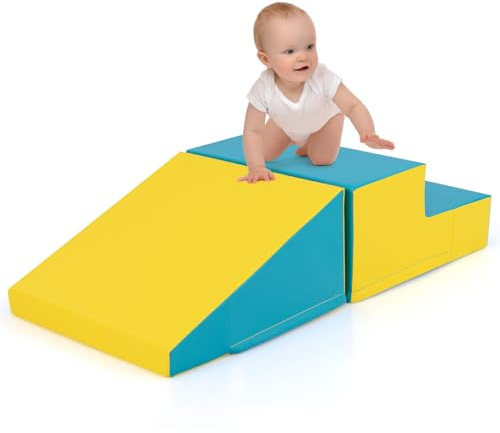 COSTWAY 2 TLG. Schaumstoff Bausteine Kinder, Softbausteine zum Toben und Klettern, Riesenbausteine aus Schaumstoff, Großbausteine Bauklötze für Baby & Kleinkinder (Gelb+Grün)