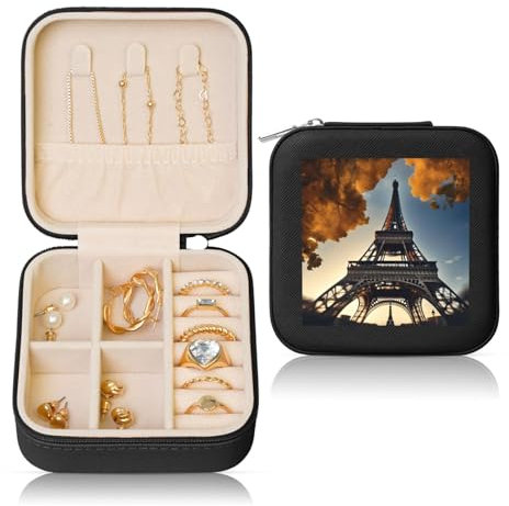 Bkdogkt Schöne Schmuckschatulle mit Eiffelturm-Paris-Druck, elegante Schmuckschatulle, tragbare Aufbewahrung, Ohrringe, Halsketten, Armbänder für Damen