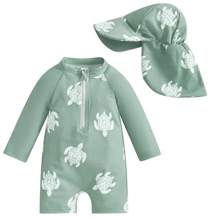 ensswliz Toddler Baby Boys Swimsuit Kids Rash Guard Bathing Suit Sunsuit Infant Long Sleeve One Piece Zipper Swimwear with Hat (C-Green, 0-3 Months)