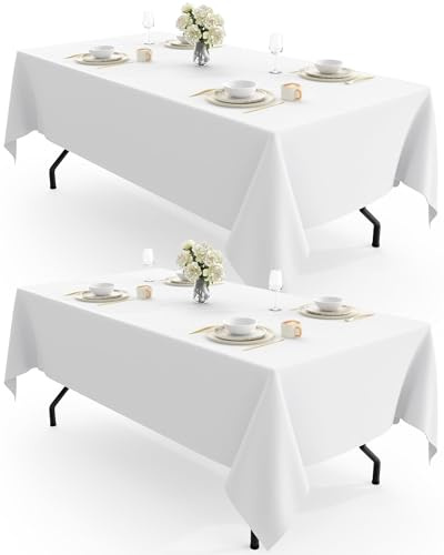 Pureegg Table Cloth - Polyester Table Cloth for Rectangle Table, 150 x 210cm Tablecloth, Decorative Tablecloths for Parties, Dinings, Picnics, Washable & Ironable, White, 2 Pack