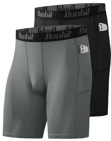 Runhit Mens Compression Shorts, 1 or 2 Pack Moisture Wicking Underwear Anti Chafing Underwear Base Layer Shorts Quick Dry Spandex Sport Tights with Pockets for Cycling Running Gym Black/Grey L