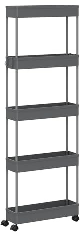 Klihome Servierwagen mit 5 Ebenen, Küchenwagen Nischenwagen Nischenregal mit Rollen, durchbrochendem Design, 4 Haken, Rollwagen für Schlafzimmer Küche Wohnzimmer, 39 x 107,5 x 12,5 cm, Grau
