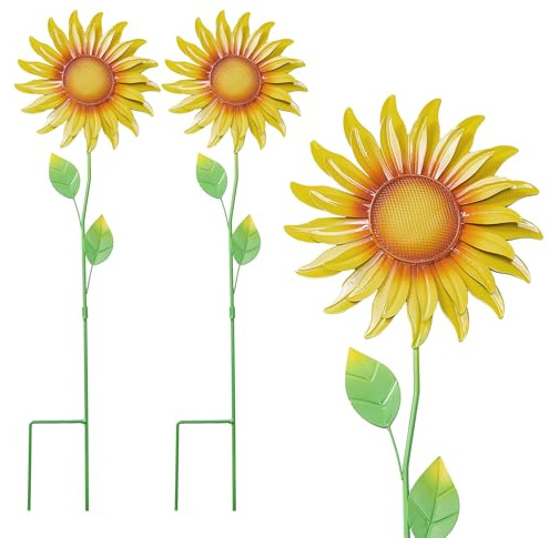 FOFOWHAT Garden Decor for Outside, 3 Pack 26.4” U-Shaped Metal Sunflowers Garden Stakes Decorative, Metal Garden Sunflower Decor for Lawn Yard Patio Spring Decorations
