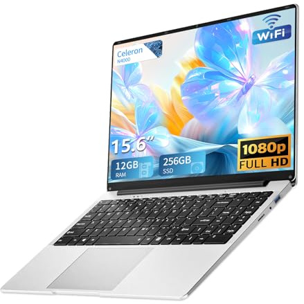 Laptop 15.6 inch, Celeron N4000 Processor 12GB LPDDR4 RAM 256GB SSD, Notebook 180°Flip Schermo FHD 1920*1080, USB3.0, Mini HDMI, WiFi, BT4.2 Supports SSD Expansion 1TB Laptops Computer(12GB+256GB)