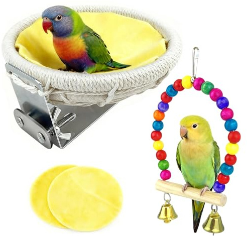 Andewx, set di 4 nidini per uccelli, in cotone, intrecciati a mano, 115 mm, con altalena per uccelli, fodera in peluche, accessori per pappagallini, canarini e altri piccoli uccelli