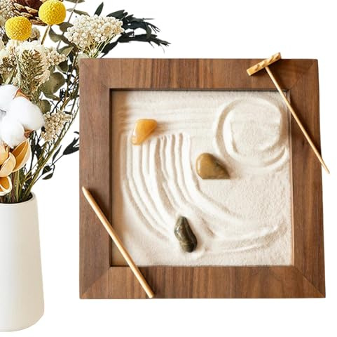 Mini giardino Zen per scrivania – Ornamento da scrivania in legno con sabbia, strumento di rilassamento durevole | Decorazione retrò per casa e ufficio, accessorio antistress per meditazione, studio,